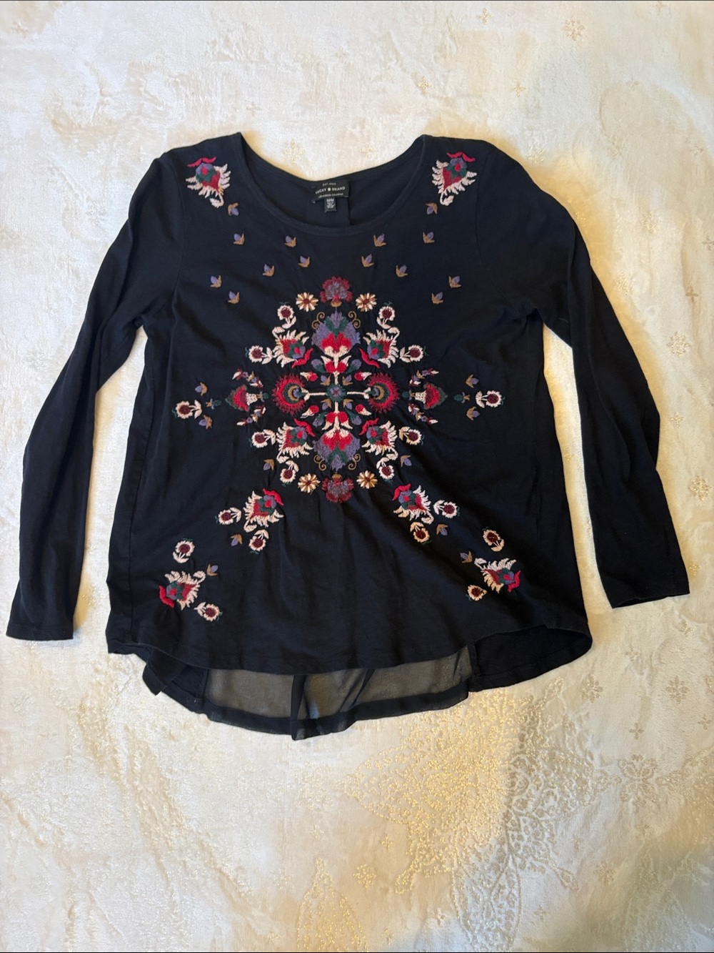 Lucky Brand Black Long-Sleeve Top with Multicolor Floral Embroidery Size M/M